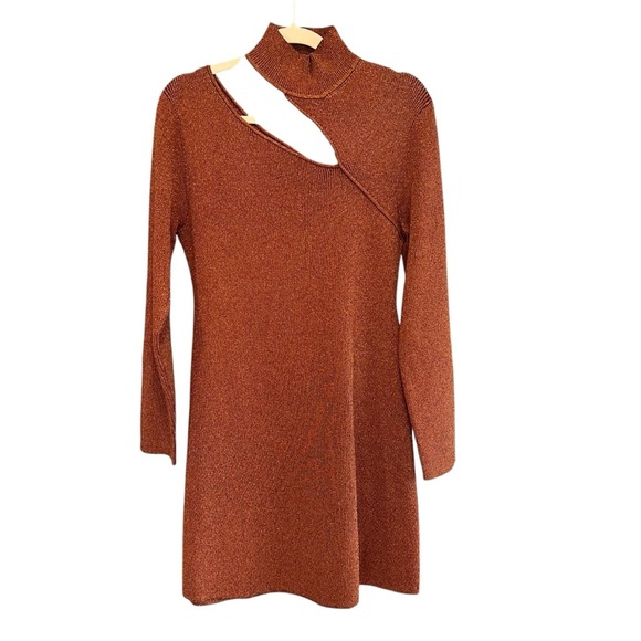 Cult Gaia | AW22 Jet Lurex Metallic Knit Cut Out Long Sleeve Dress Rust Brown XL - Picture 3 of 8